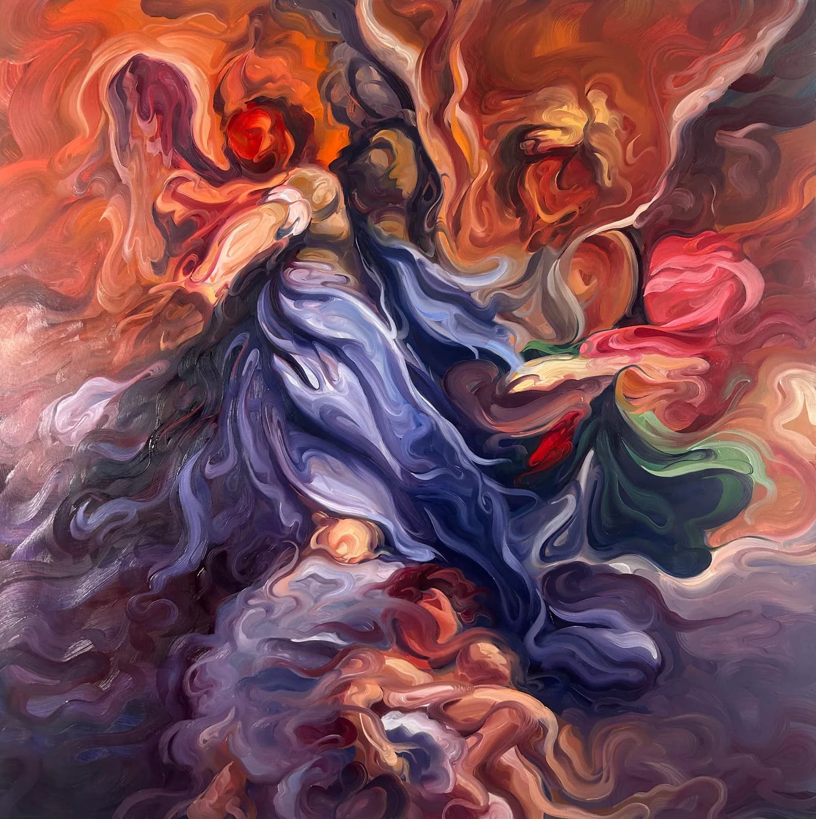 An abstract oil painting depicts swirling figures in a dramatic composition of Sanguine Brown, Japonica, and Amethyst Smoke.