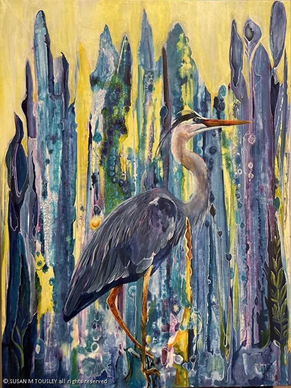 A great blue heron stands amidst abstract blue and yellow vertical forms in this oil painting.