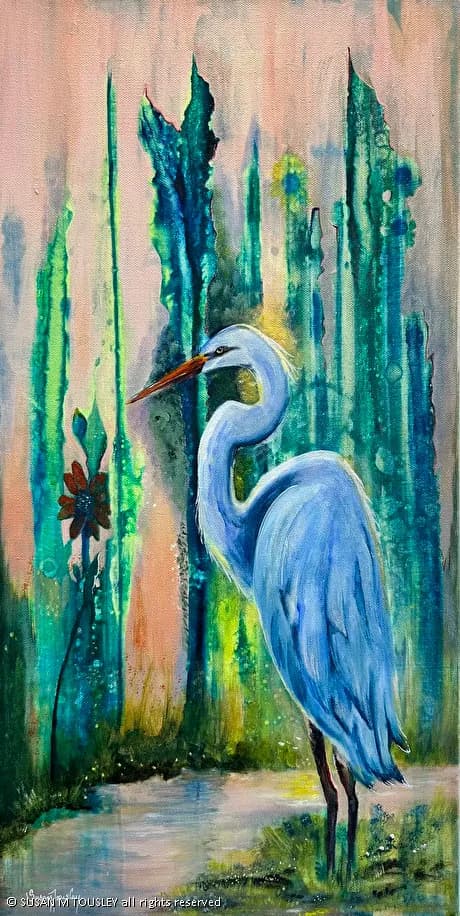 An impressionistic oil painting of a blue egret standing in a wetland with abstract foliage.
