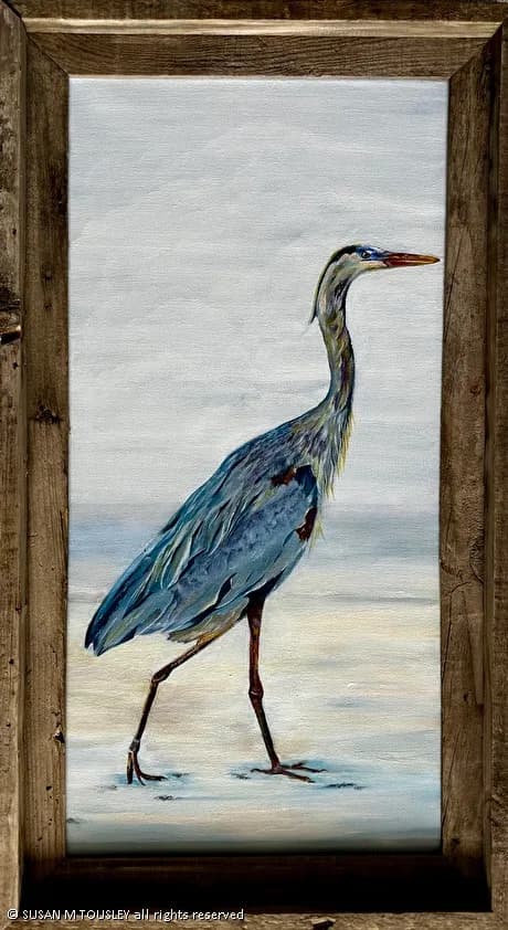 A great blue heron stands in shallow water, rendered in oil and acrylic with a palette of Iroko, Pumice, and Millbrook.