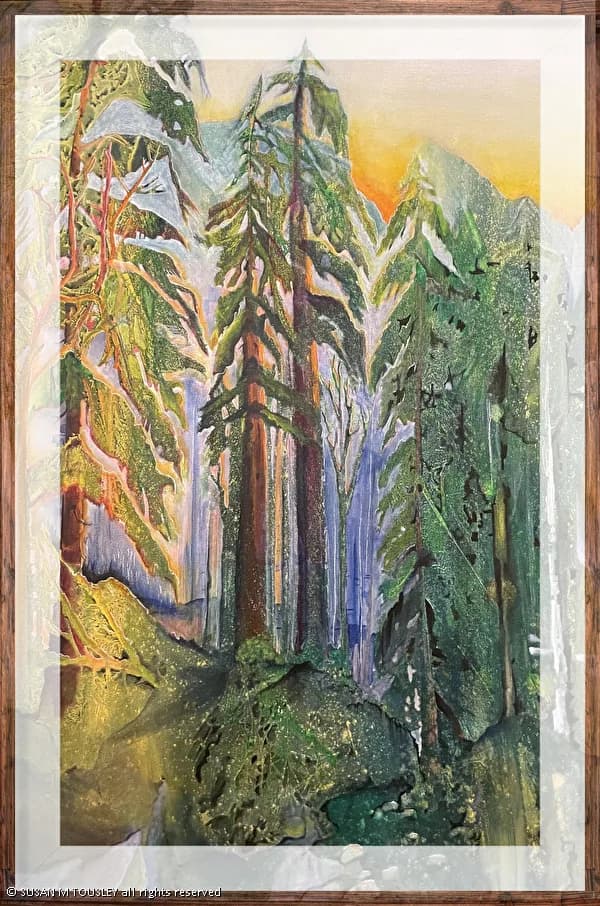An expressive oil painting depicts a dense forest with tall trees against a sunset sky, rendered in hues of Apache, Olive Haze, and Siam.