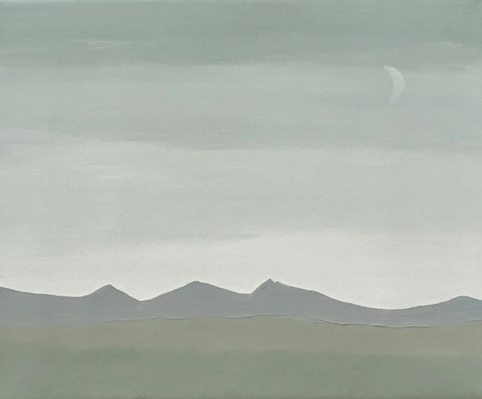 A minimalist landscape painting in muted tones depicts a crescent moon over a silhouetted mountain range.