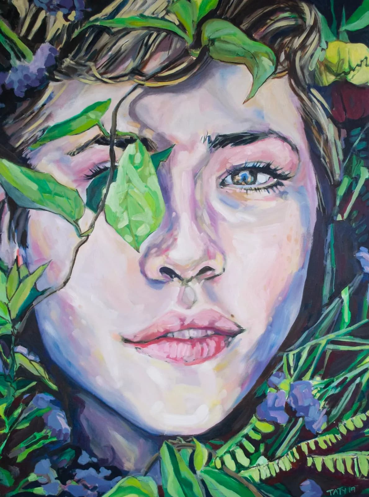 An expressive oil painting depicts a woman's face emerging from lush foliage, rendered in vibrant shades of Pink Swan and Olivine.