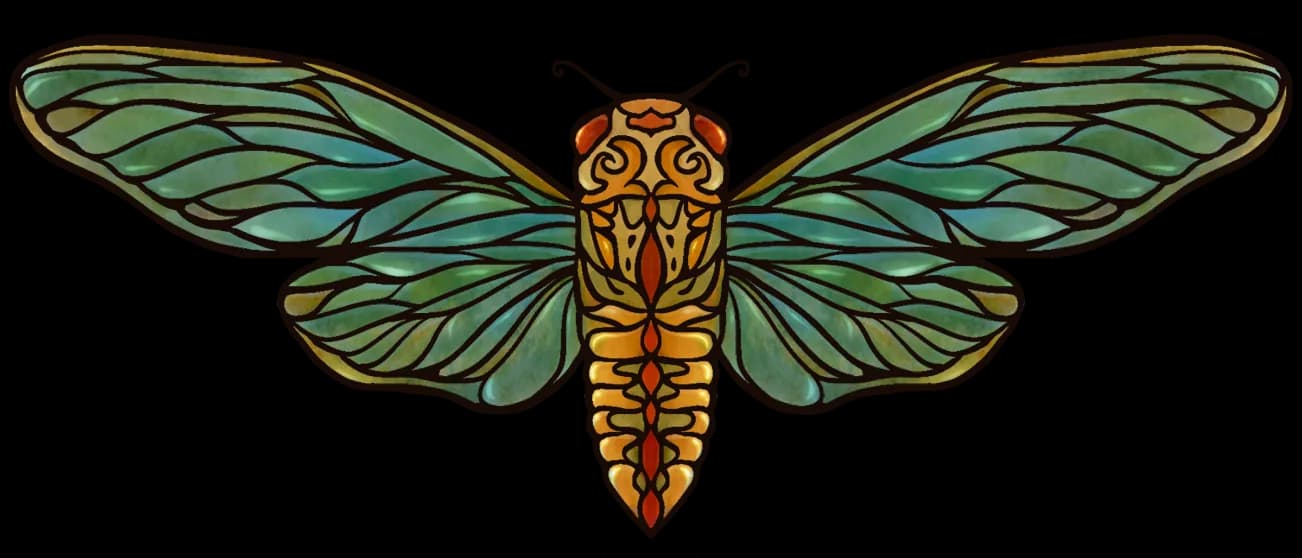 A stylized cicada with ornate patterns in shades of green and orange, rendered in a stained glass effect.