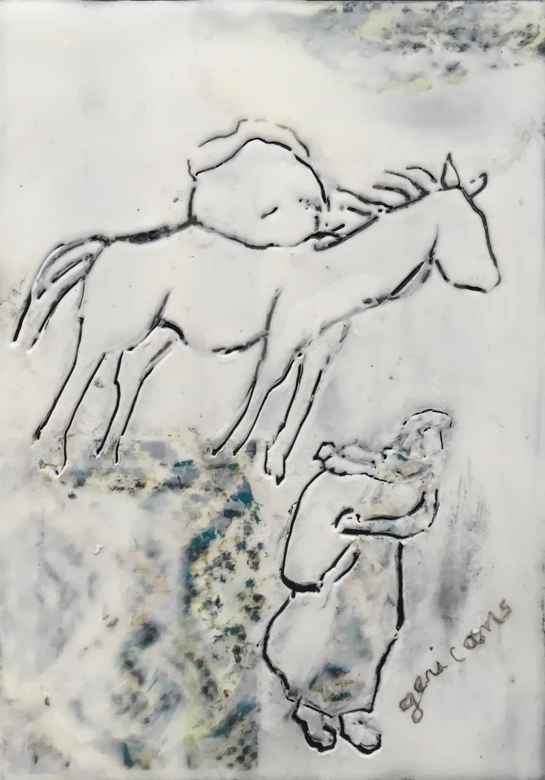A stylized figure embraces a horse in this mixed media artwork with a monochromatic palette.