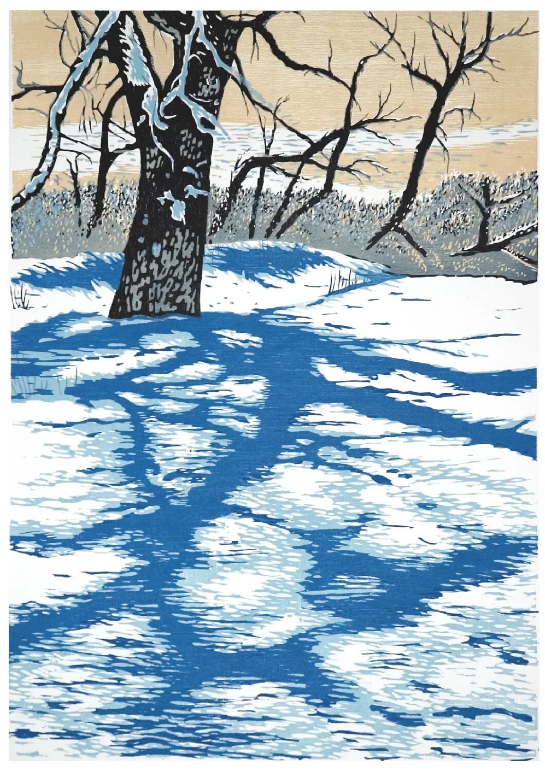 A winter landscape printmaking depicts snow-covered ground with dramatic blue shadows cast by bare trees.