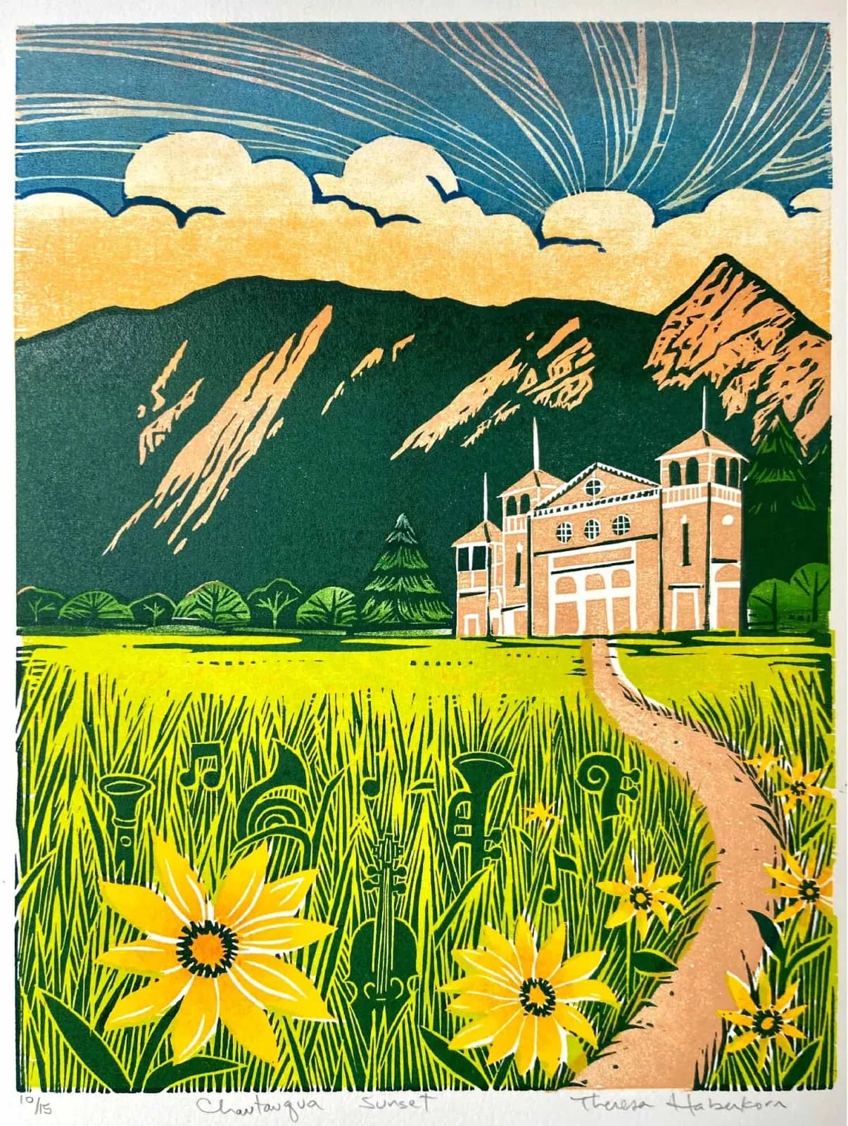 A folk art print of Chautauqua Auditorium at sunset, featuring musical instruments and flowers in the foreground with the Flatirons mountains.