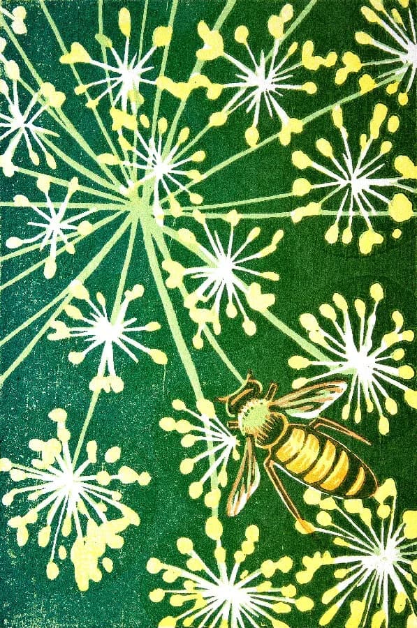 A bee visits a delicate white and yellow flower against a dark green background in this printmaking artwork.