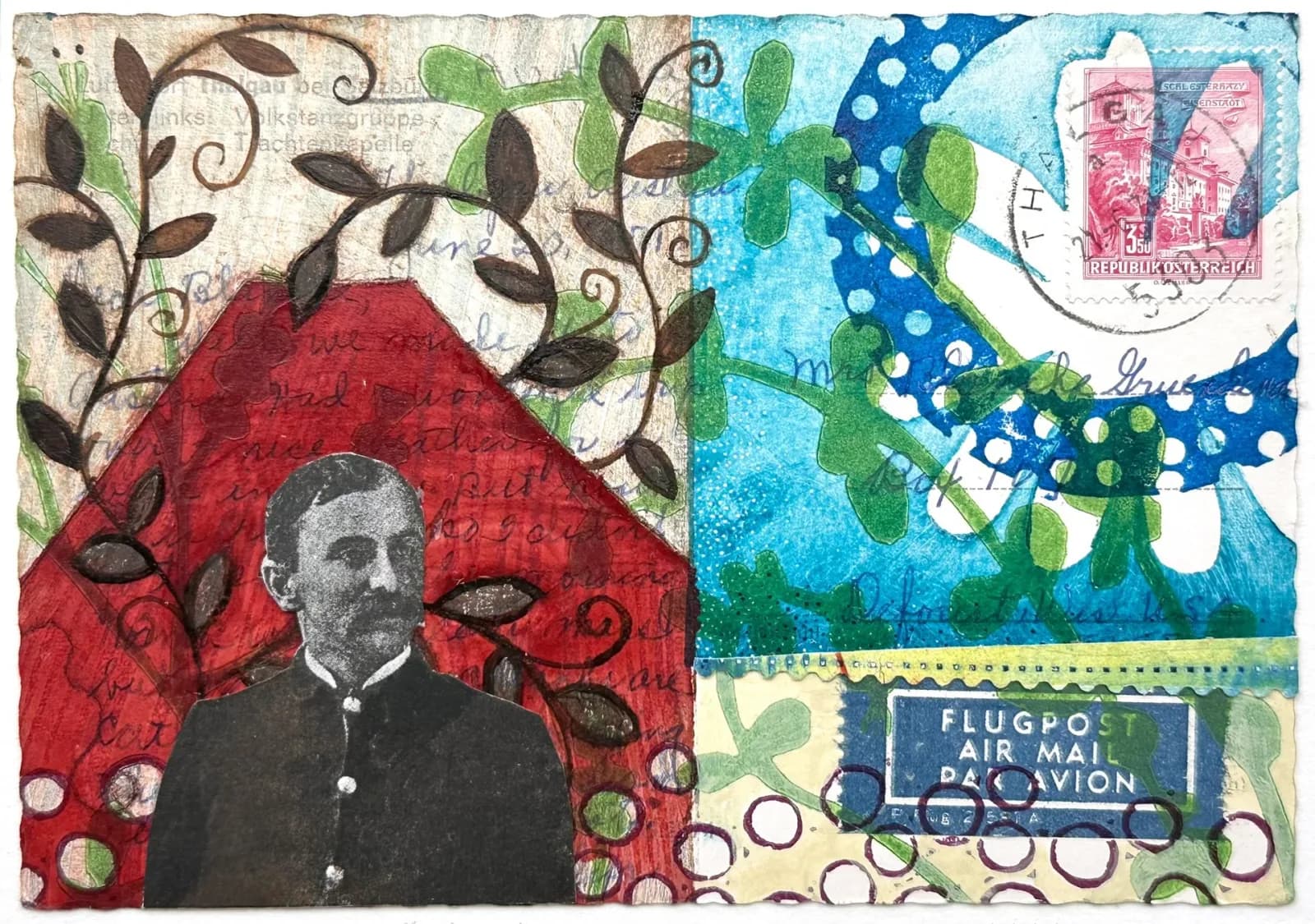 A mixed media collage features a vintage portrait layered with text, stamps, and botanical elements in a palette of Well Read and Allports.