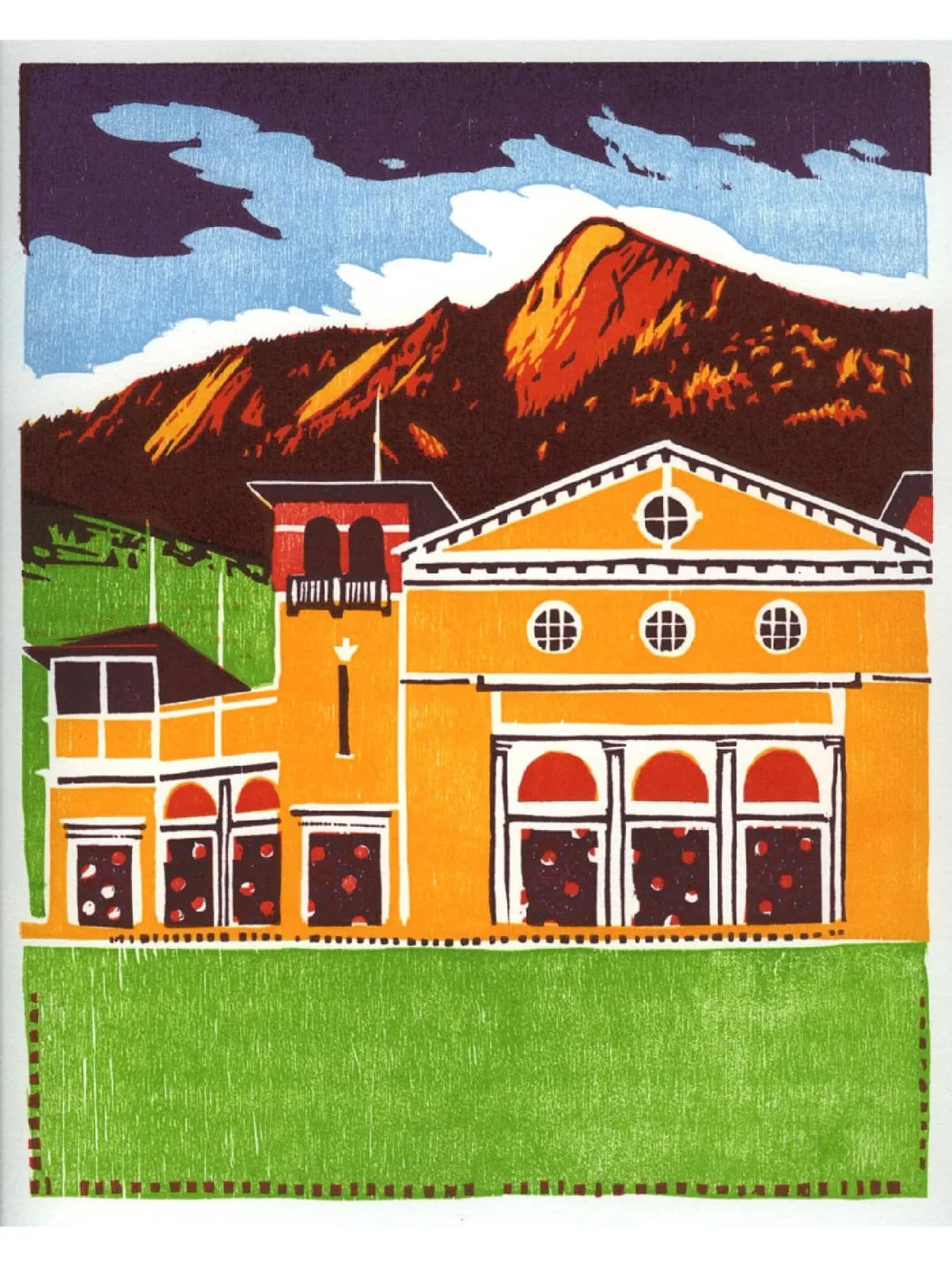 A colorful printmaking artwork depicts a striking orange building with the Flatirons mountains in the background.