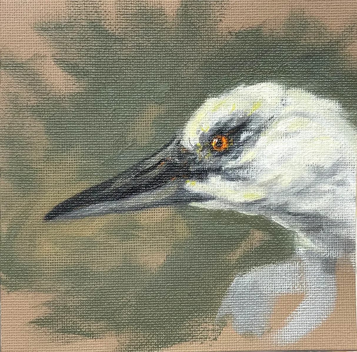 A detailed oil painting captures the head of a white heron with striking orange eyes against a muted background.