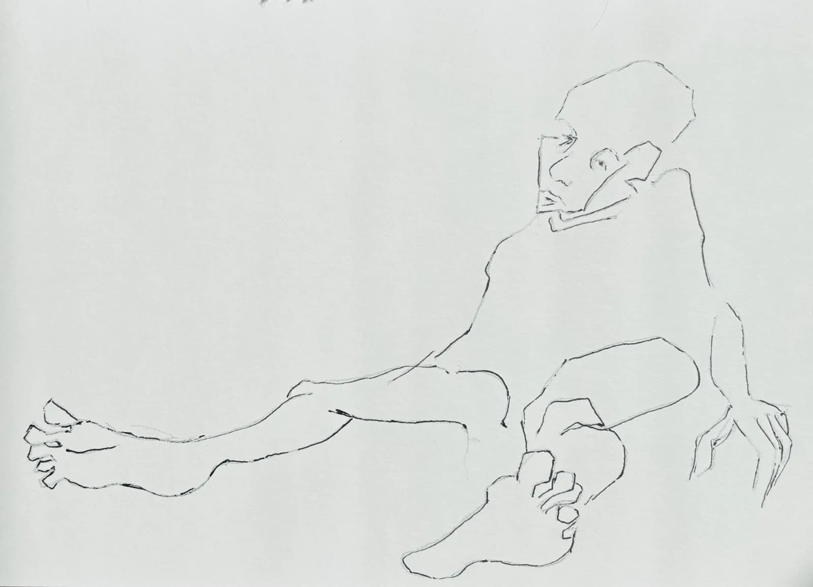 An ink line drawing depicts a figure in a seated, reclining pose against a light background.