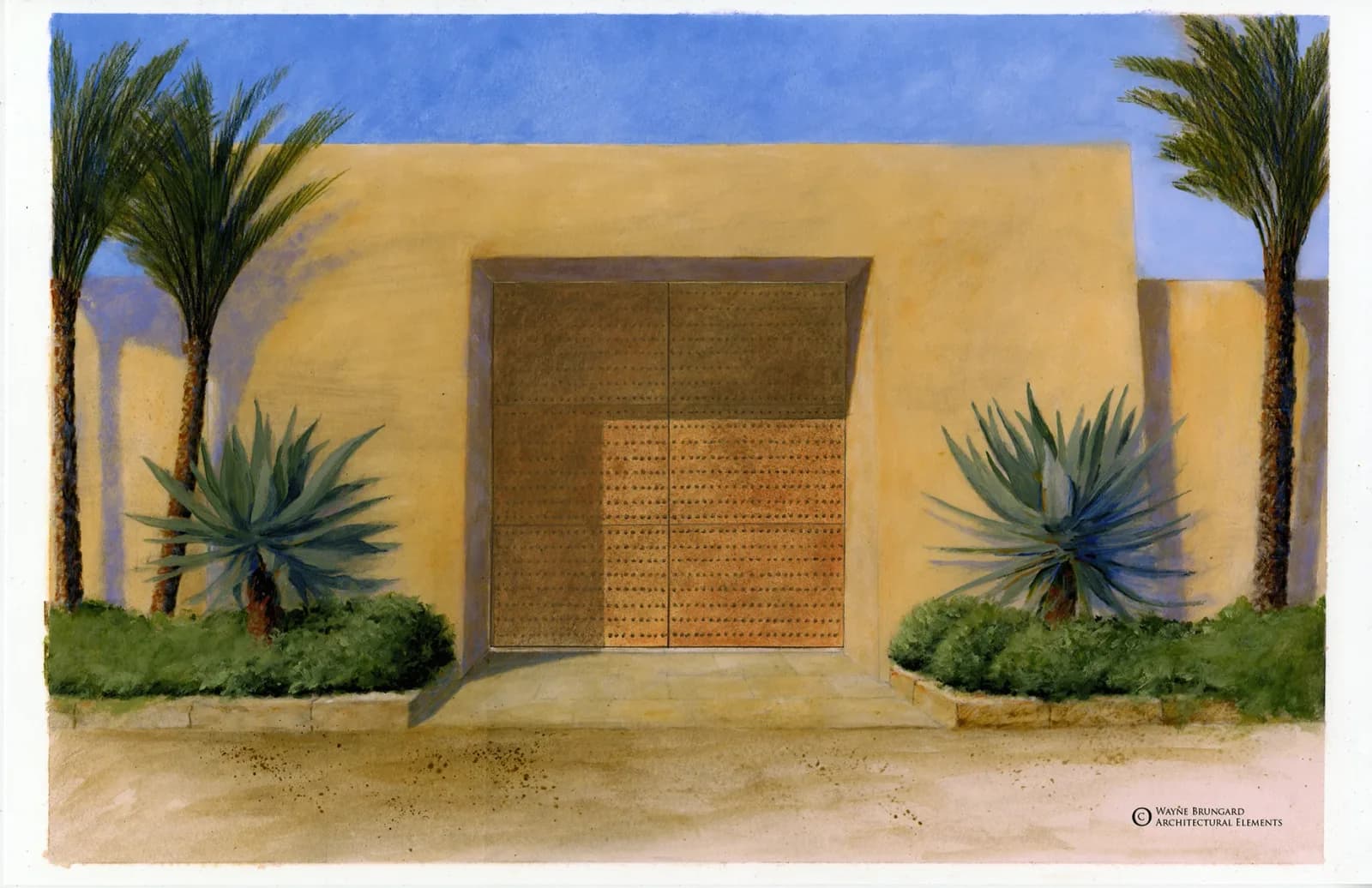 A watercolor painting depicts a grand architectural entrance with large double doors, flanked by palm trees and agave plants under a blue sky.