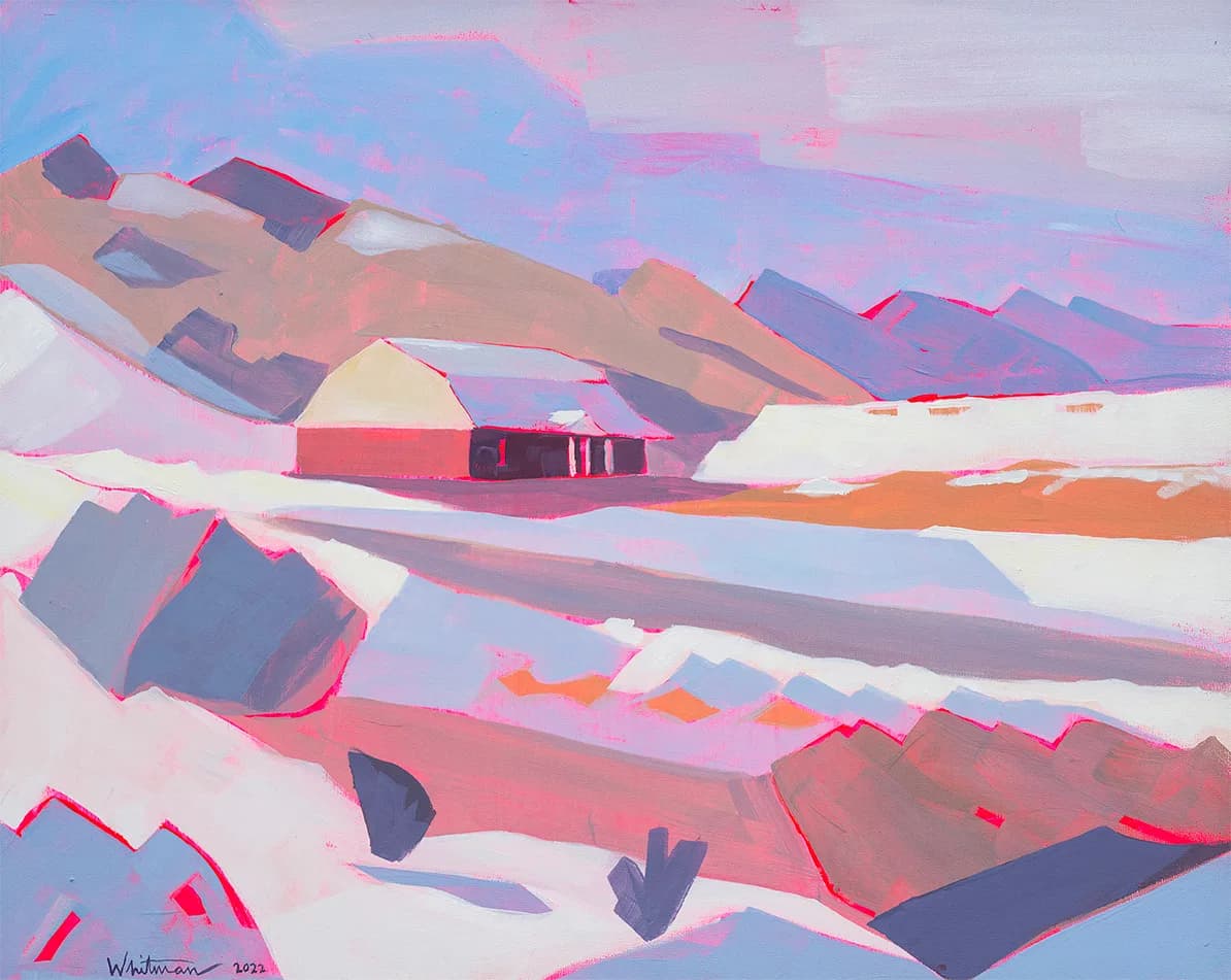 An abstract landscape painting in Cranberry, Apricot, and Blue Haze depicts a snow-covered scene with a barn.
