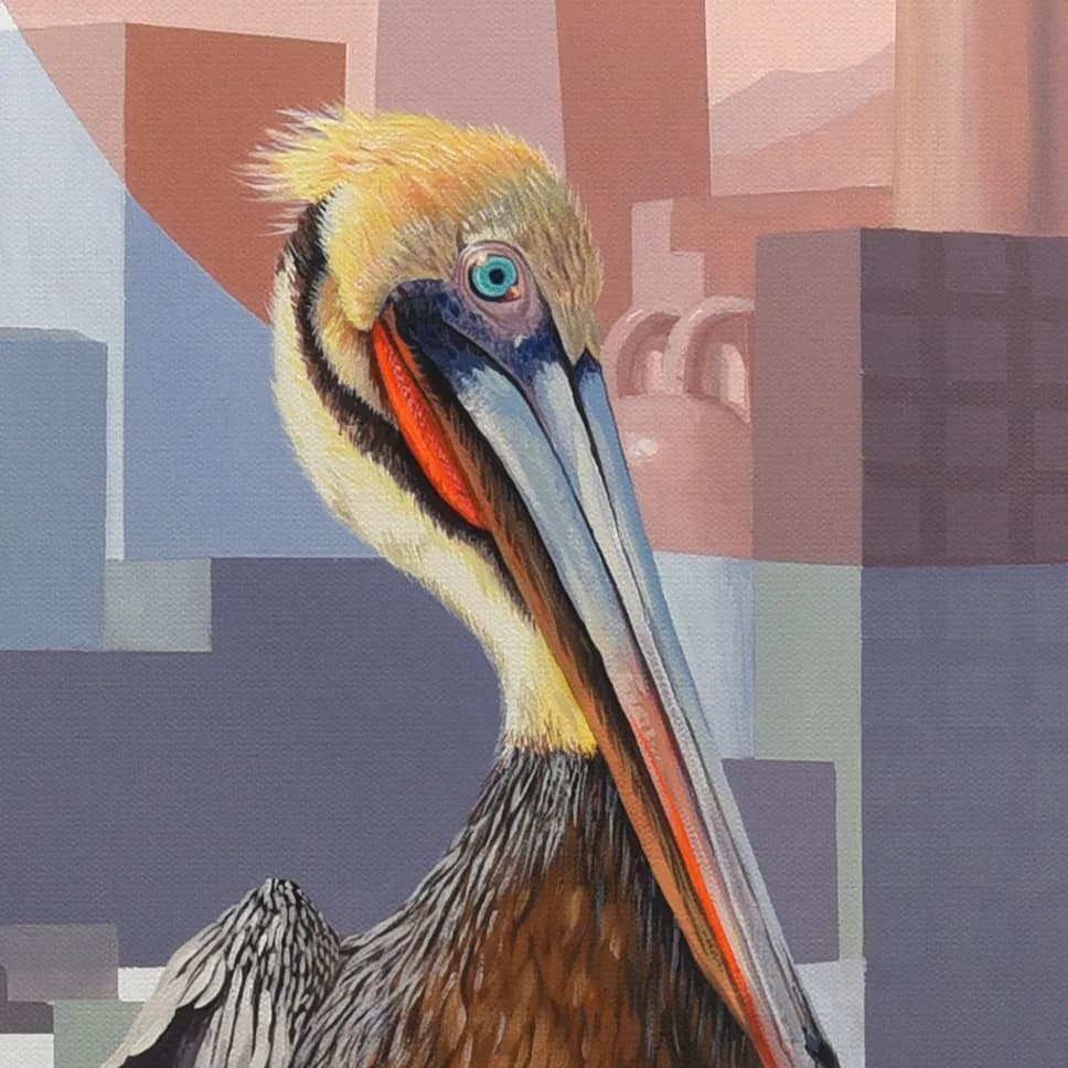 A detailed oil painting of a pelican against a muted, geometric cityscape.