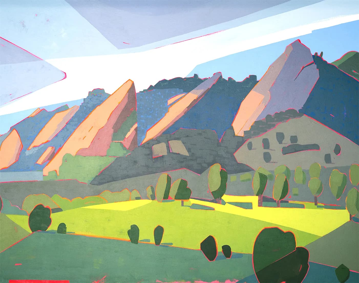 An abstract landscape painting of the Flatirons in bold geometric shapes and a vibrant palette.