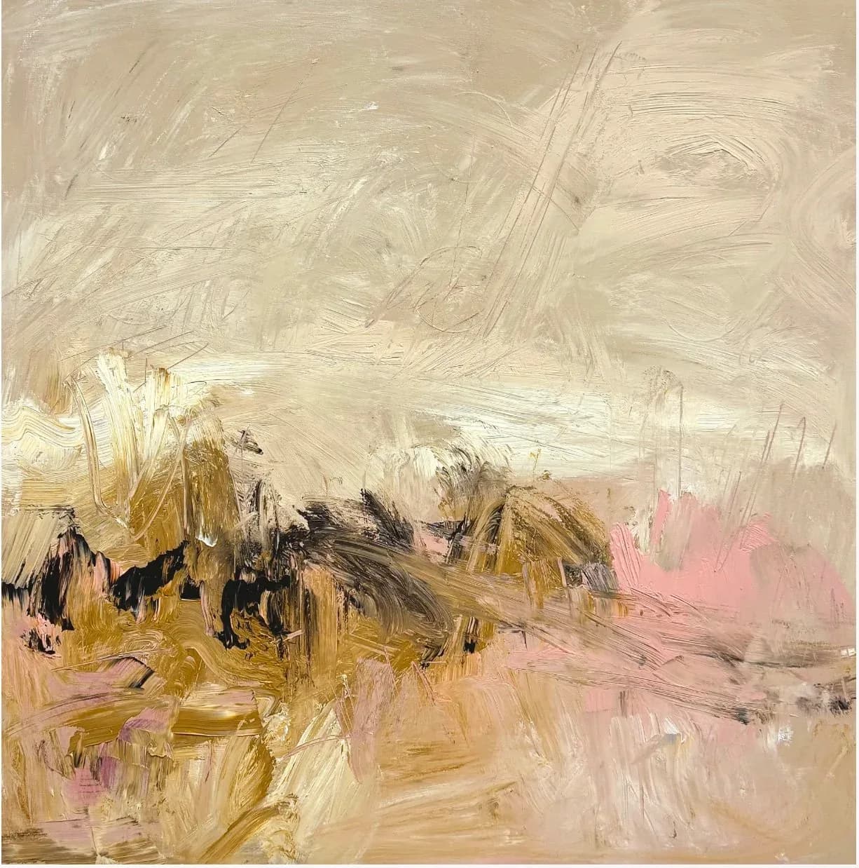 An abstract landscape painting in oil and acrylic features textured brushstrokes in driftwood, muddy waters, and cashmere tones with pink accents.