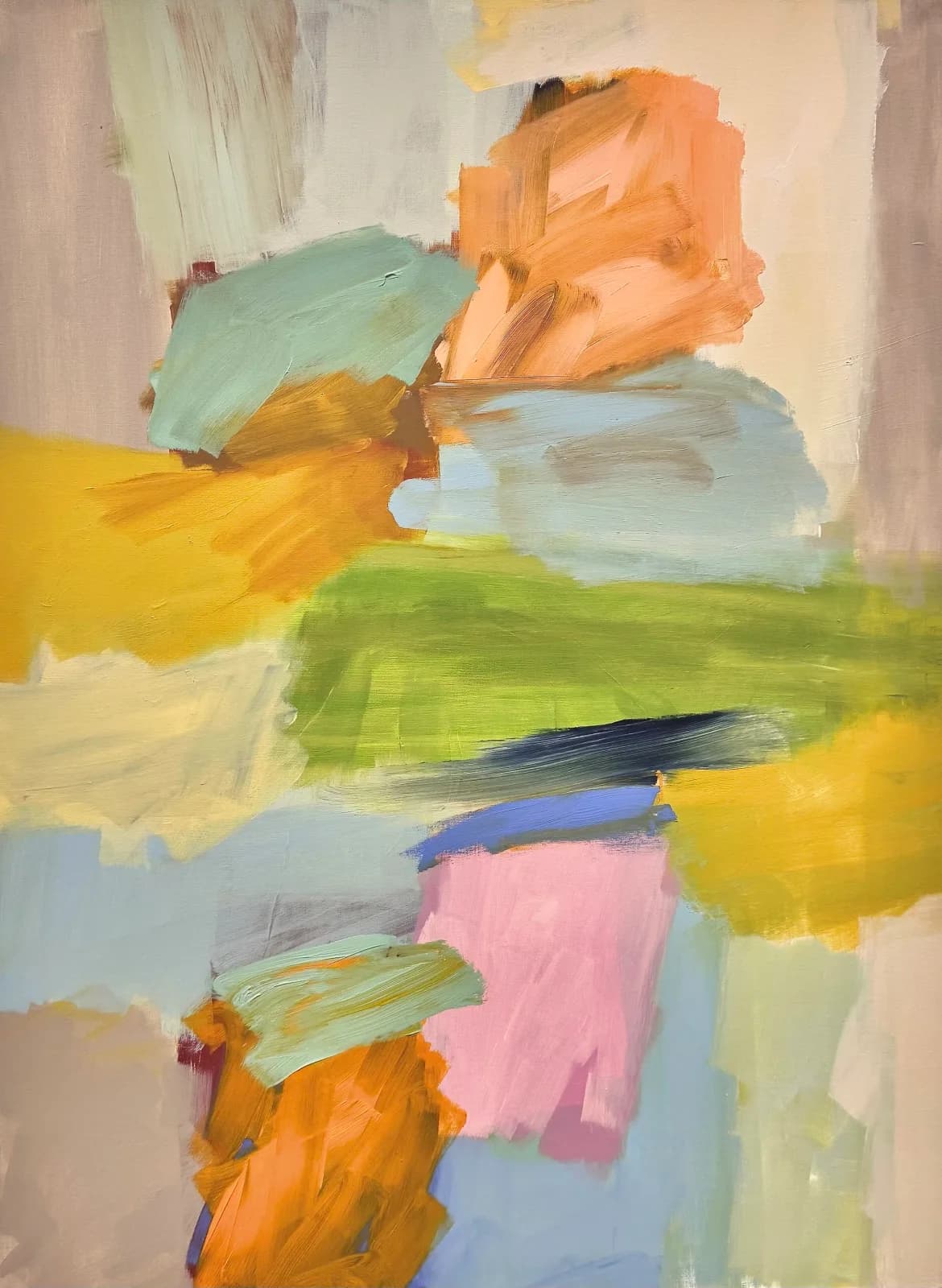 An abstract oil and acrylic painting features bold strokes in golden grass, brandy punch, and akaroa hues.