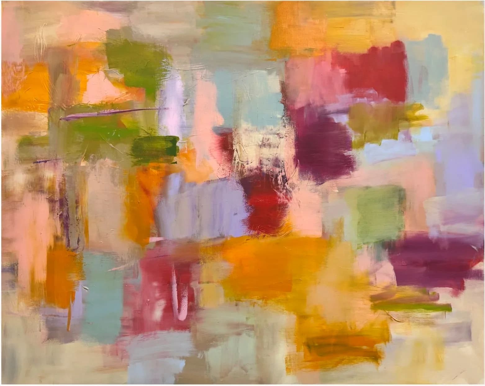 An abstract oil and acrylic painting features blocks of color in shades of Brandy Punch, Copper Rust, and Sandrift.