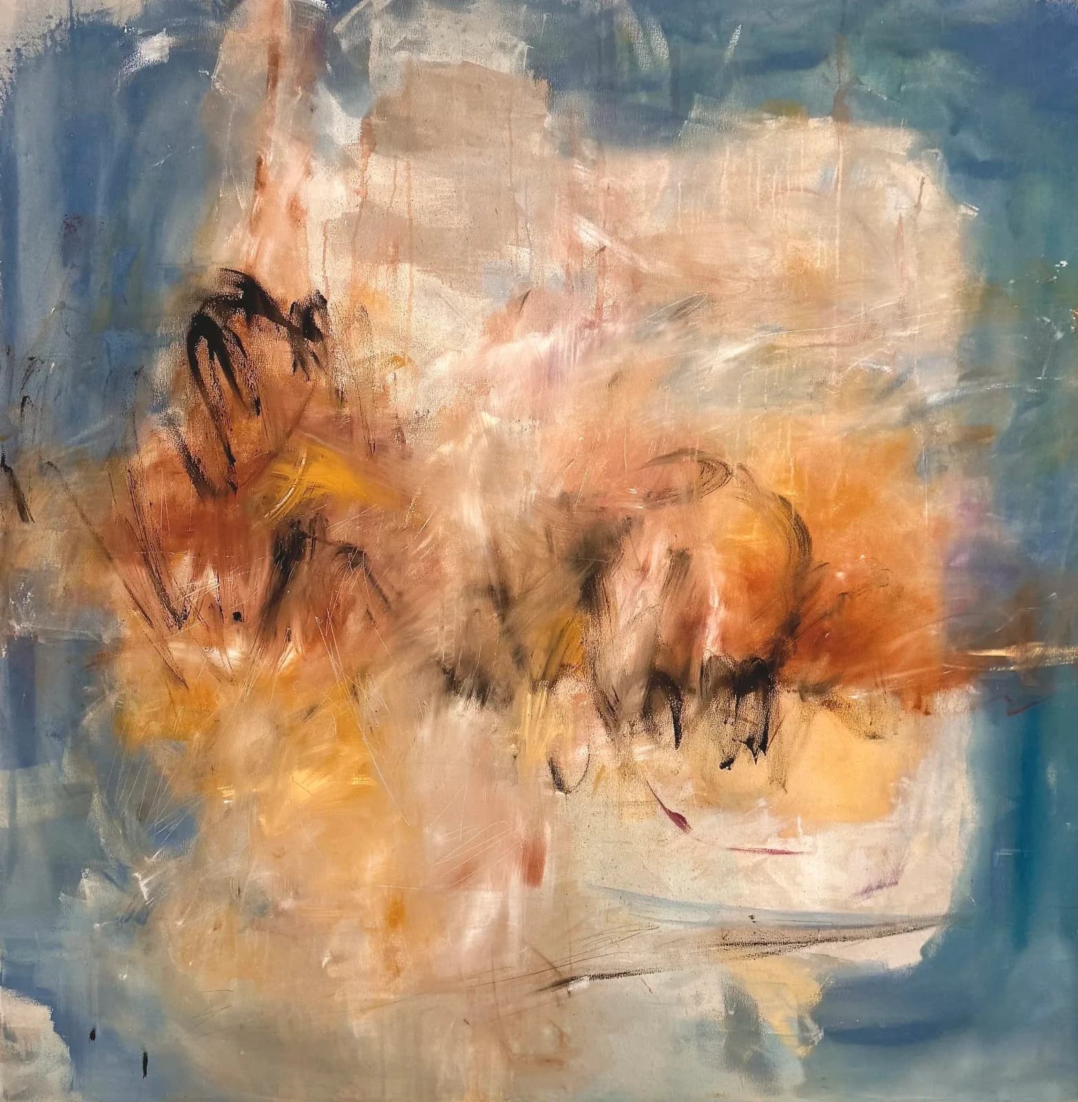 An abstract expressionist oil painting features energetic brushstrokes in Antique Brass, Cape Palliser, and Cameo tones.