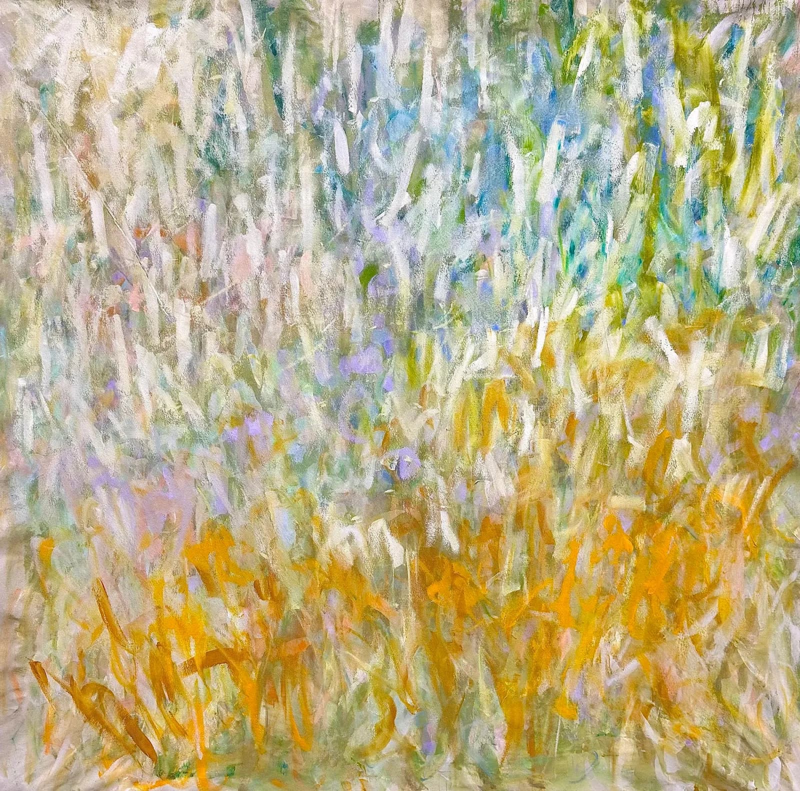 An abstract landscape painting in oil and acrylic features energetic brushstrokes in marigold and tide hues.