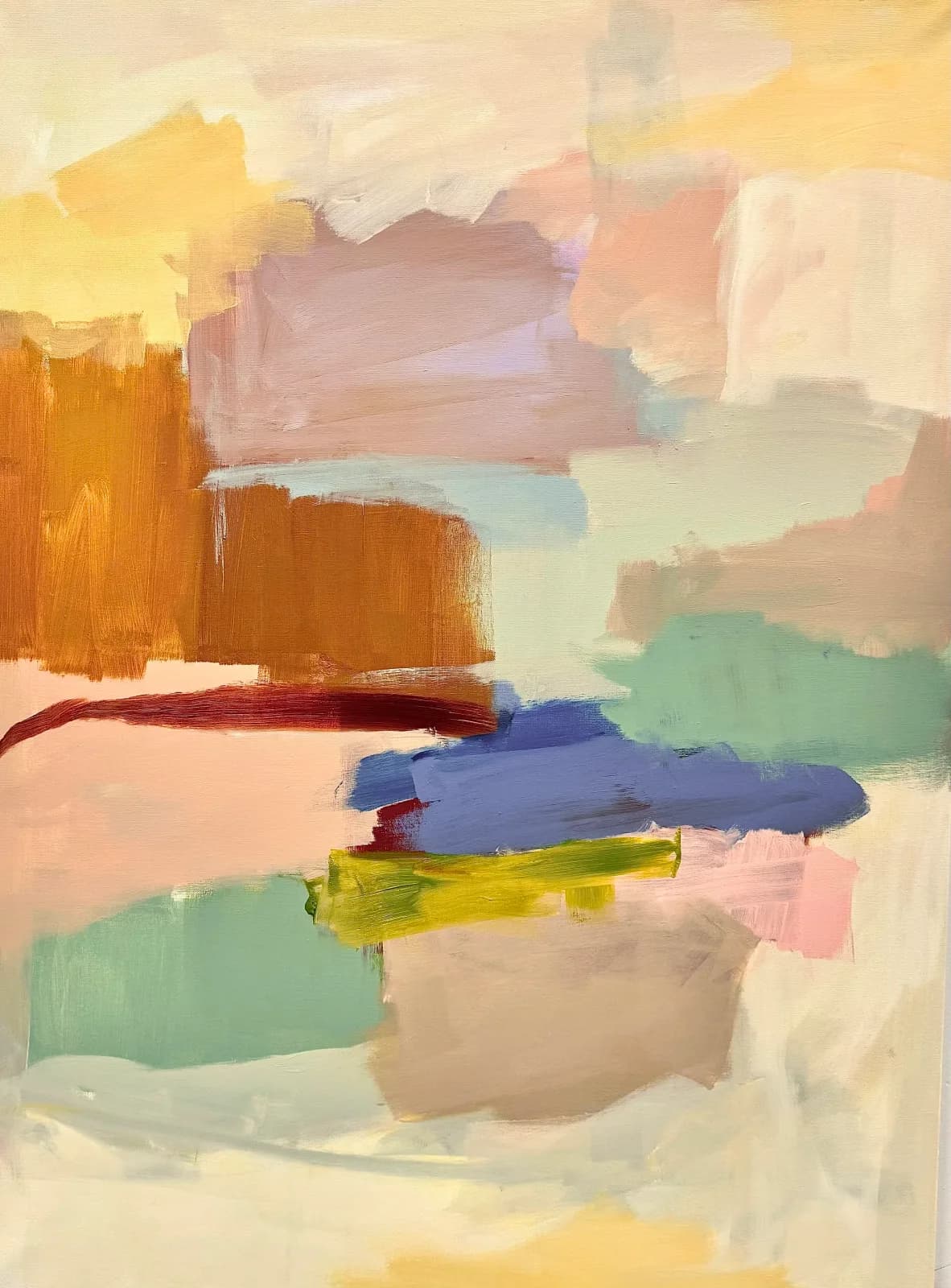 An abstract oil and acrylic painting features textured color blocks in earthy and pastel tones.